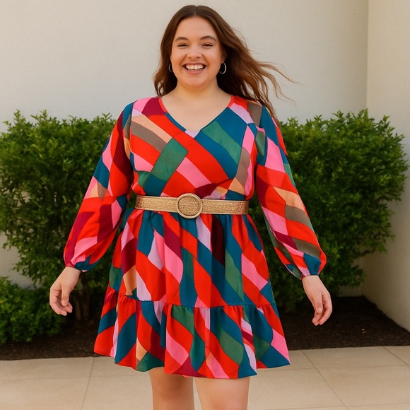 NWT Jodifl Abstract Print Babydoll Ruffle Dress 1X - Picture 1 of 16